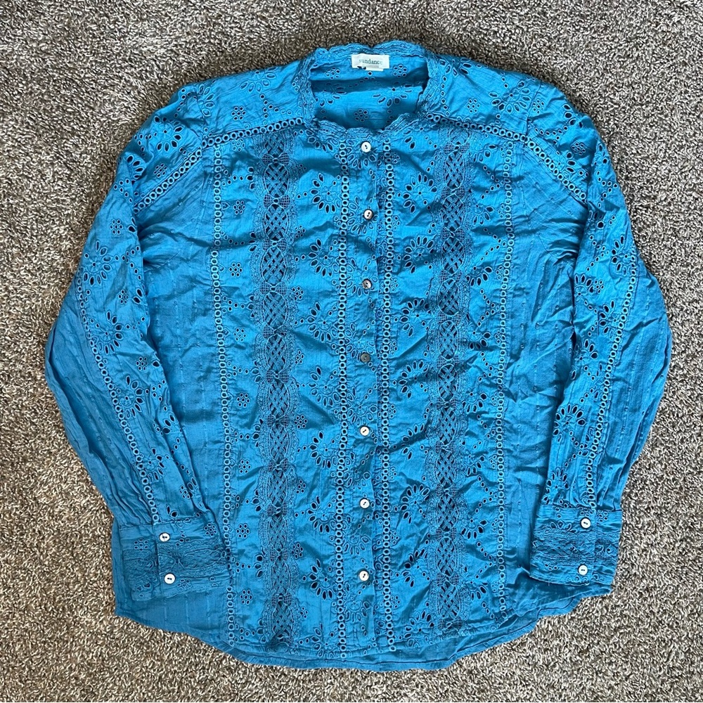 Sundance Vintage-Inspired Blue Teal Eyelet Button-Up Shirt Blouse Women’s Large